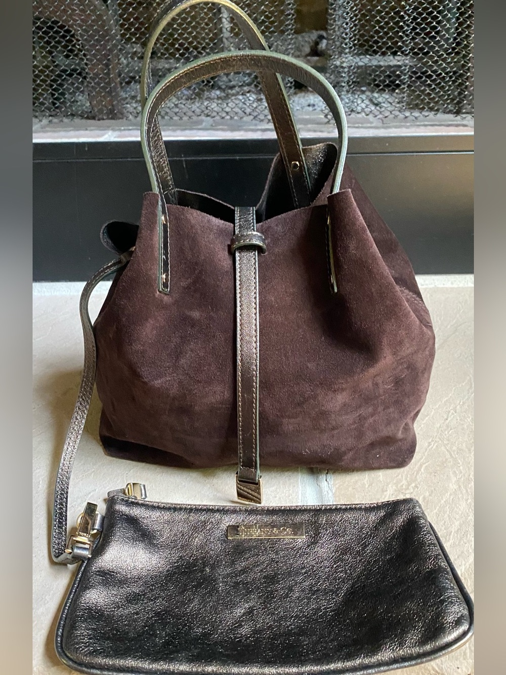 Tiffany & Co Reversible Suede Metallic Leather Tote Bag Pouch Italy Bronze